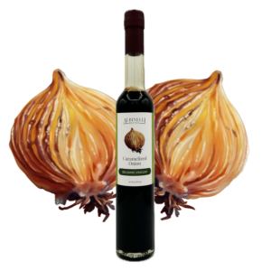 balsamic vinegar in front of sliced roasted onion