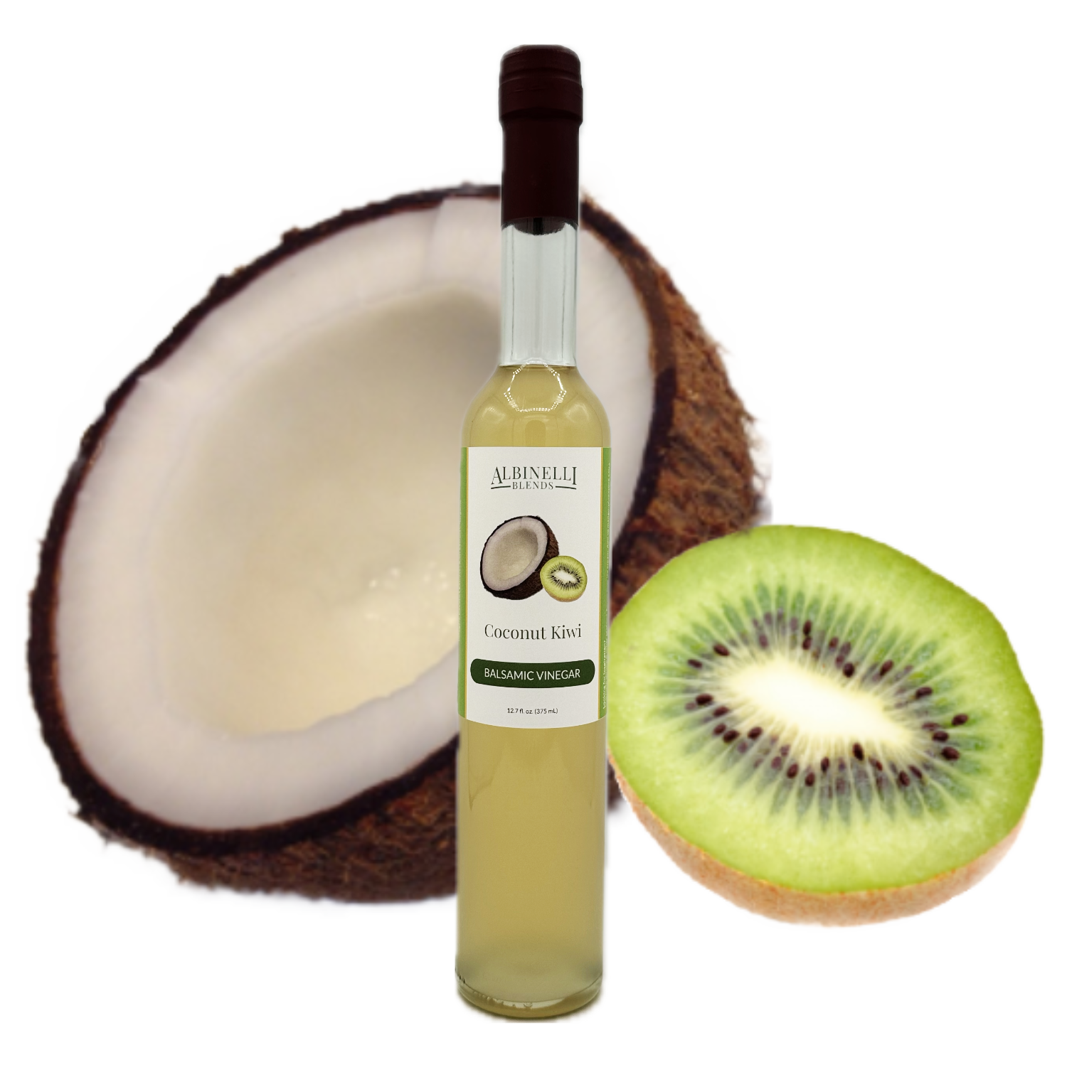 Half a coconut and kiwi behind a bottle of balsamic