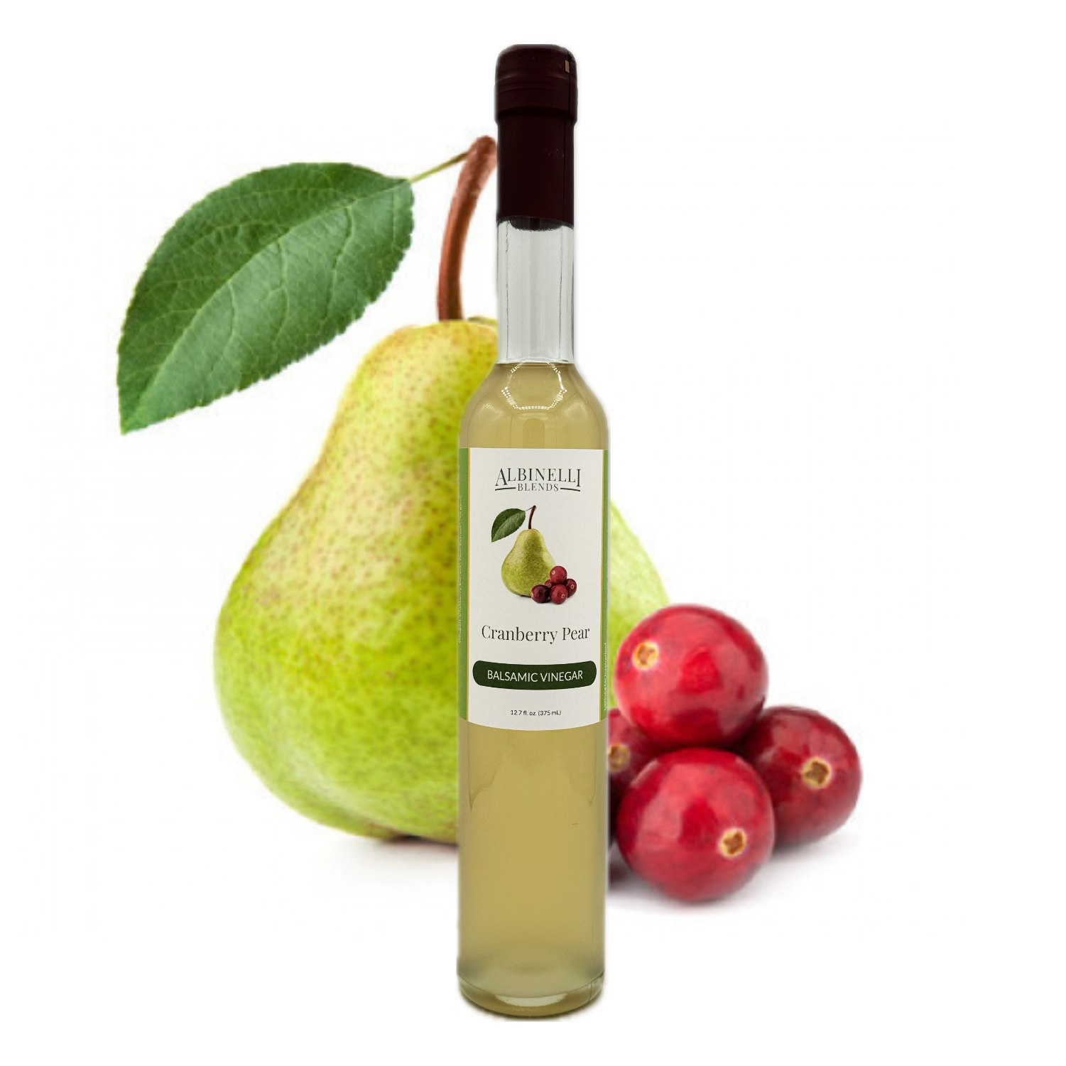 balsamic in front of a pear and cranberries