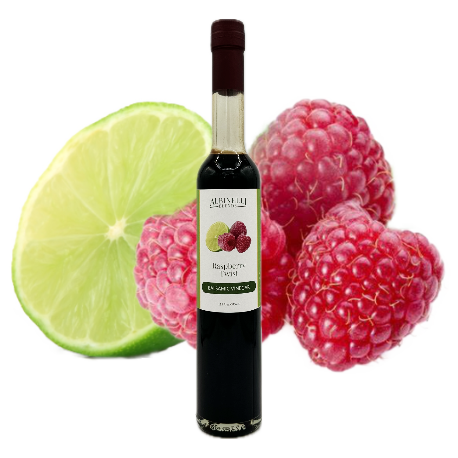 bottle of balsamic in front of a sliced lime and raspberry cluster